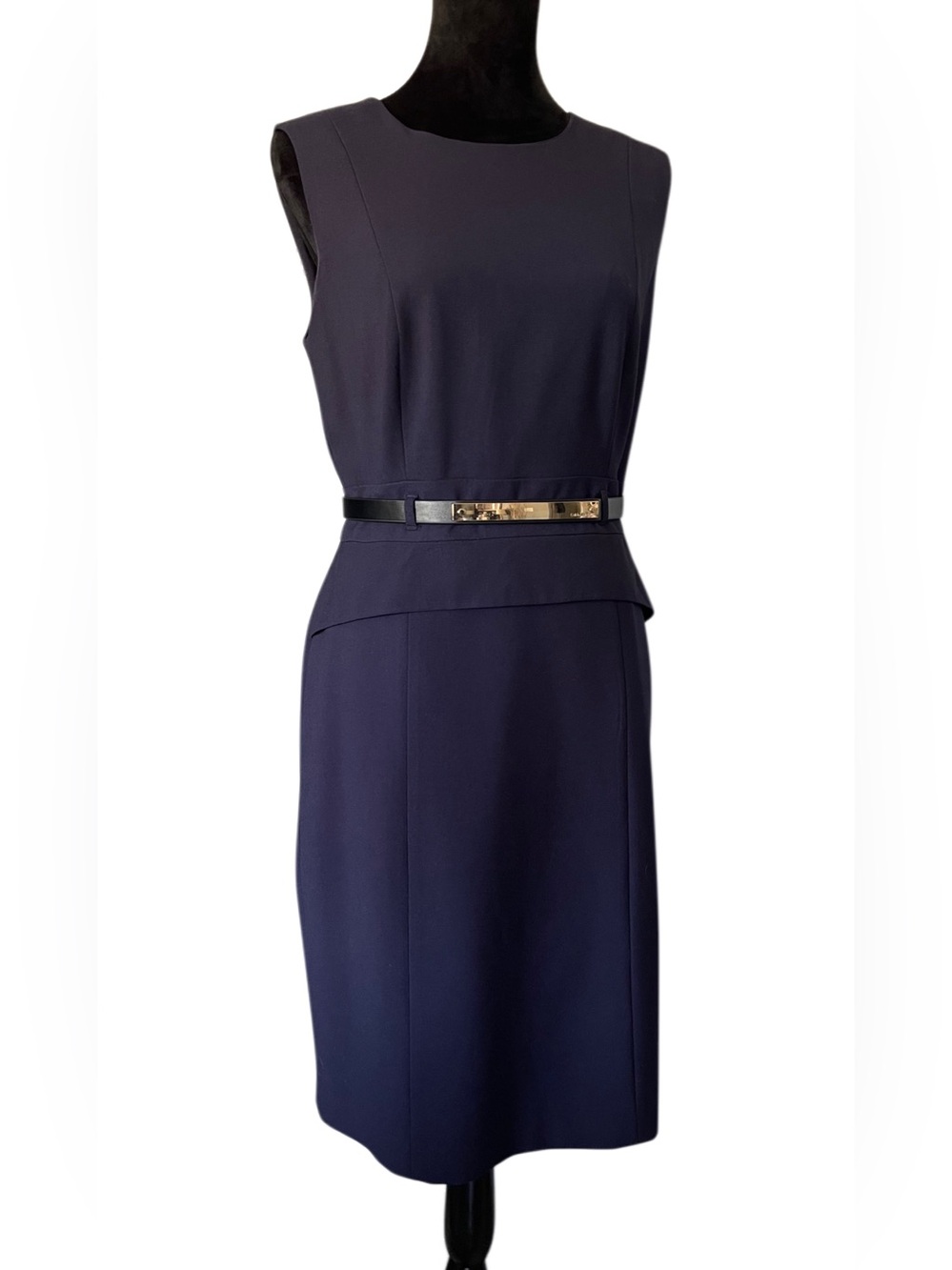 Calvin Klein Sleeveless Navy Sheath Dress with Gold Accent Belt